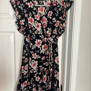 Xhilaration Black Floral Wrap Midi Dress with Pink and Cream Blooms
